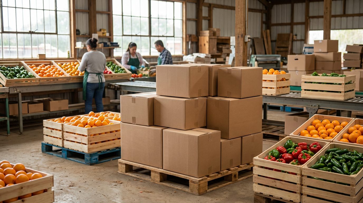 ECT Rating Guide for Produce Boxes: What Strength Do You Need? Stacked corrugated produce boxes on a pallet