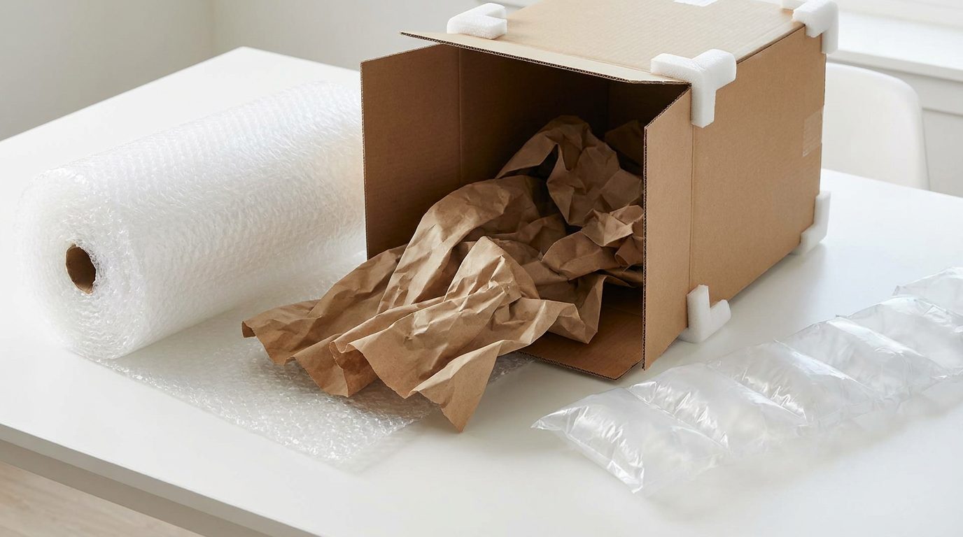 Protective packaging materials for shipping Bubble wrap, kraft paper void fill, foam corner protectors and air pillows arranged around an open shipping box